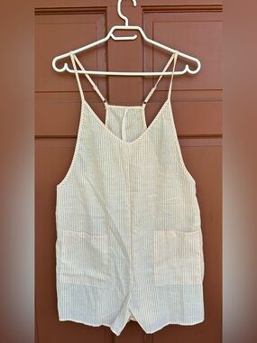 SHEIN Beige & White Striped Linen-Blend Romper